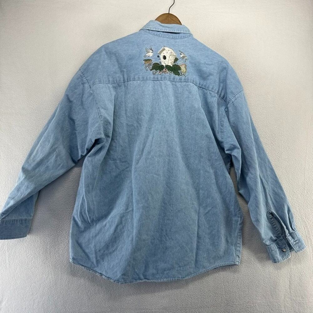 Vintage Birds Denim Shirt Adult XL Blue Birdhouse Light USA Grandma Cottage 90s - Picture 8 of 10